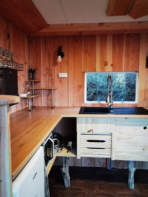 Une cuisine compacte aux murs en bois, dotée d’un évier encastré et d’une fenêtre donnant sur une forêt.