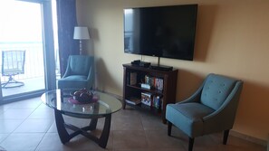 TV, DVD player, books, video library