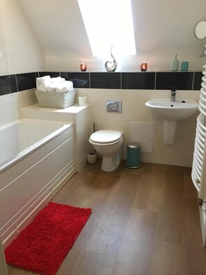 Combined shower/tub, hair dryer, towels, shampoo