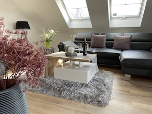 A modern living room with a black leather sofa, a wooden coffee table, and a grey shaggy rug. There is a potted plant on a small table beside the sofa.