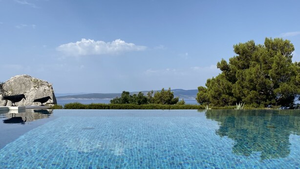 Ein klares, blaues Infinity-Pool mit Blick auf das Meer und Bäume.