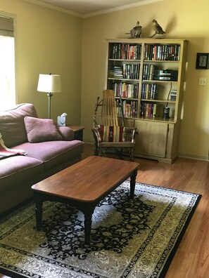 Una televisión, libros, una biblioteca de música, un reproductor estéreo