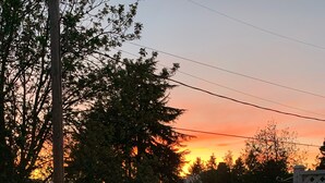 Asuinalue, jossa on puinen aita, ruukuissa olevia kasveja ja taustalla näkyvä talo auringonlaskun aikaan.