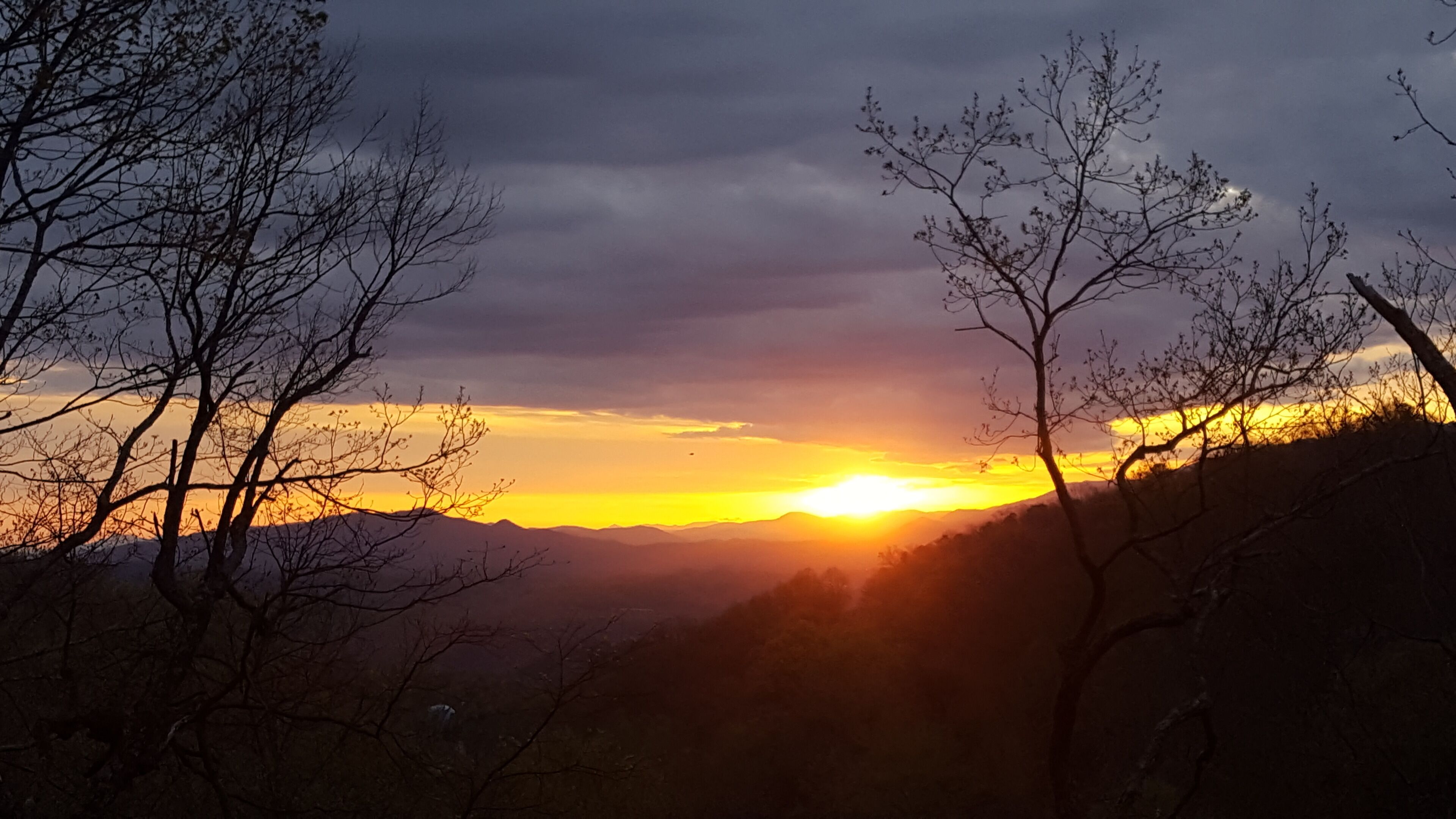 A sunset over a mountainous landscape with bare trees.