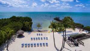 A beach with rows of sun loungers, a wooden deck, and a thatched hut. - Ocean view condo with balcony/marina view (Tavernier)