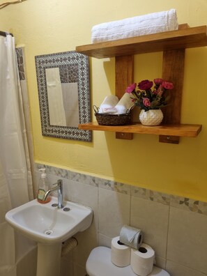 Shower, hair dryer, towels, soap