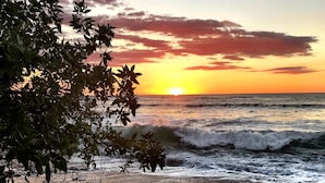 Ein Strand mit Fußspuren, die zum Wasser führen, ein Sonnenuntergang im Hintergrund und Bäume, die die Szene einrahmen.