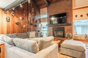 Télévision, cheminée, lecteur de DVD, chaîne hi-fi