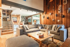 Télévision, cheminée, lecteur de DVD, chaîne hi-fi