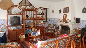 Un salon traditionnel avec un téléviseur, des meubles en osier, une cheminée et des objets décoratifs disposés sur des étagères.