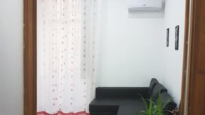A compact living space with a black sofa, a potted plant, a striped rug, and a white air conditioning unit on the wall. - HOLIDAY HOME Central station, business center, central Naples, Mary's Sweet home (Napoli)