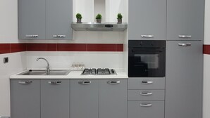 A modern kitchen with grey cabinets, a stainless steel sink, a gas stove, and a black oven. - HOLIDAY HOME Central station, business center, central Naples, Mary's Sweet home (Napoli)