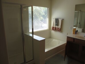 Combined shower/bathtub, hair dryer, towels, soap - Art Gallery Corp House in Vista Del Ora Community (Gilbert)