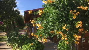 A garden area with yellow flowers, a wooden structure, and a paved walkway. - The Loubird Inn (Escalante)