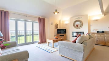 Smart TV, fireplace, DVD player, stereo