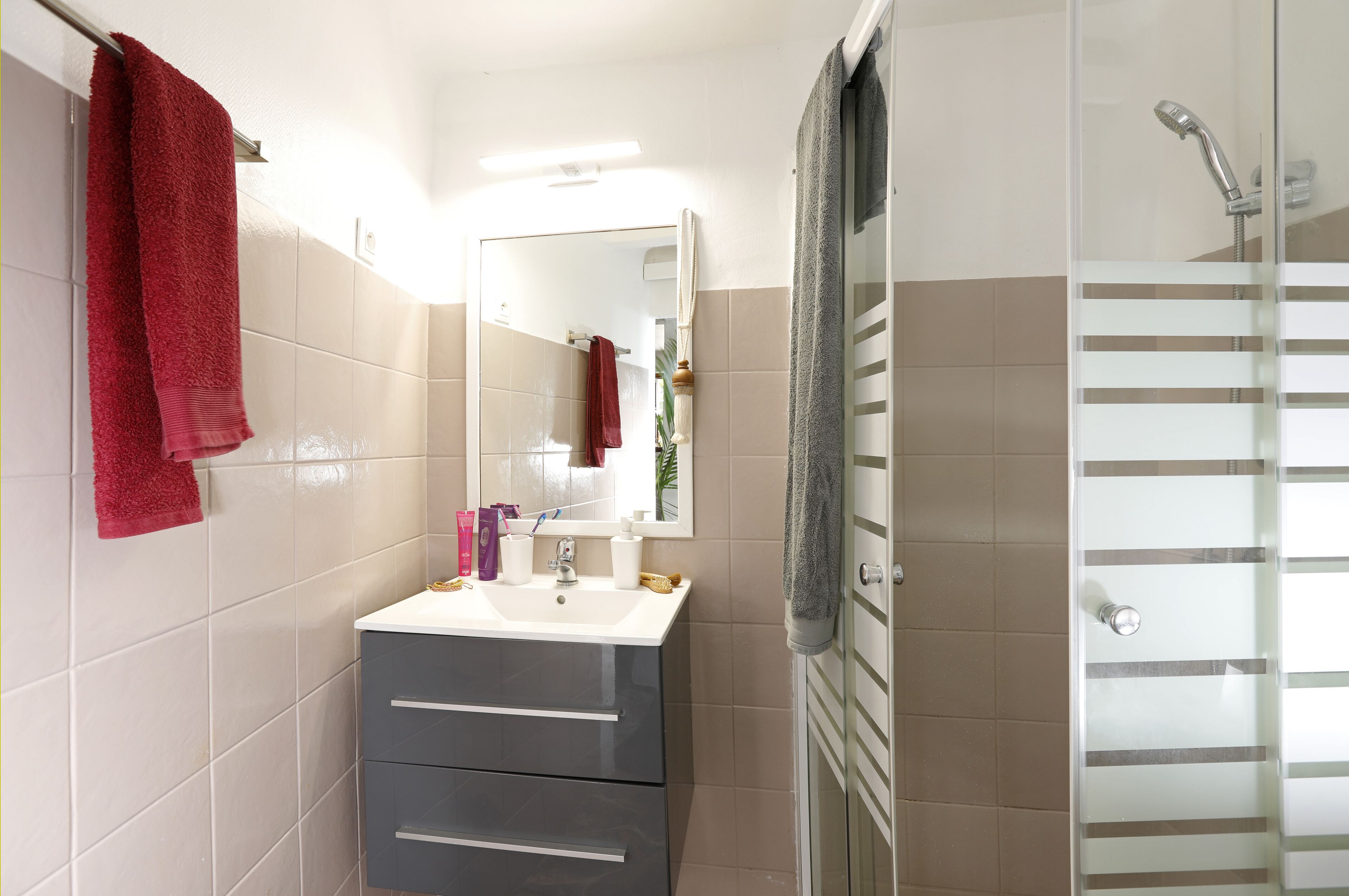 Une salle de bain avec un lavabo blanc, un miroir et une douche dotée d’une porte en verre.