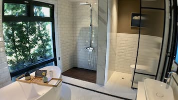 Habitación de lujo doble | Baño | Artículos de higiene personal gratuitos, secador de pelo y zapatillas