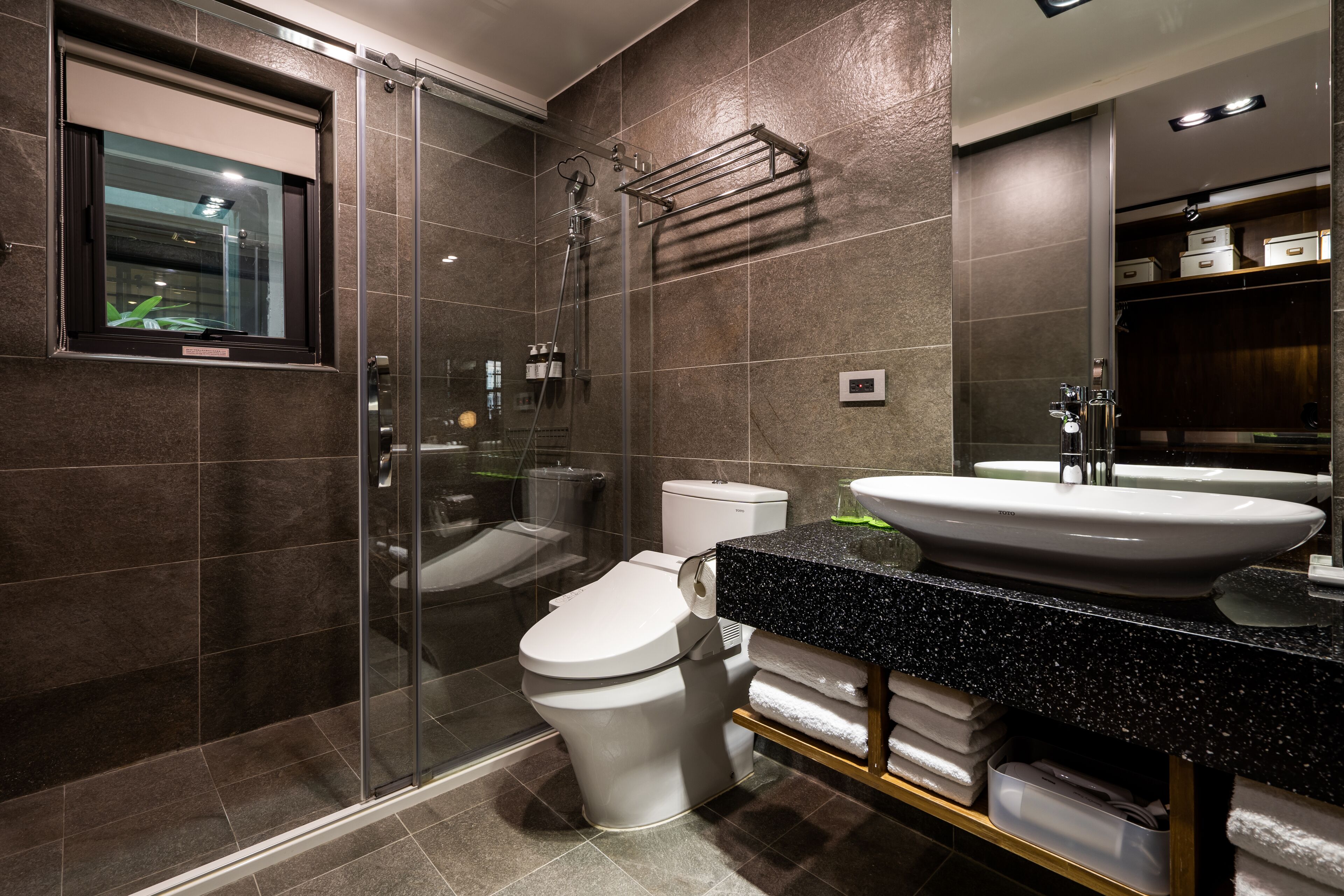 Hair dryer, slippers, towels