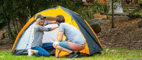 Two people setting up a tent in a grassy area with trees and a brick wall in the background.