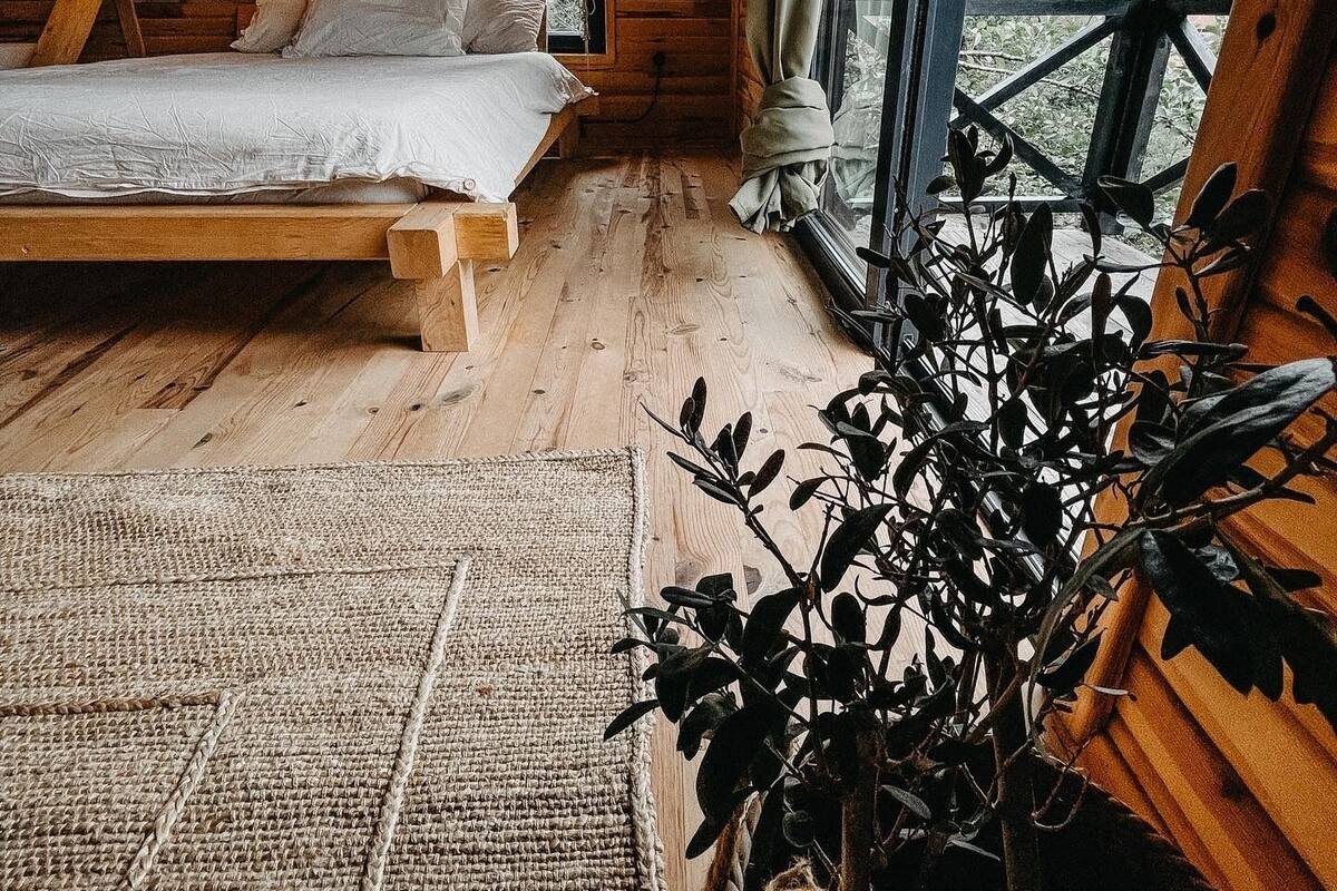 Trehytte – deluxe | Sengetøy av topp kvalitet, blendingsgardiner og wi-fi (inkludert)