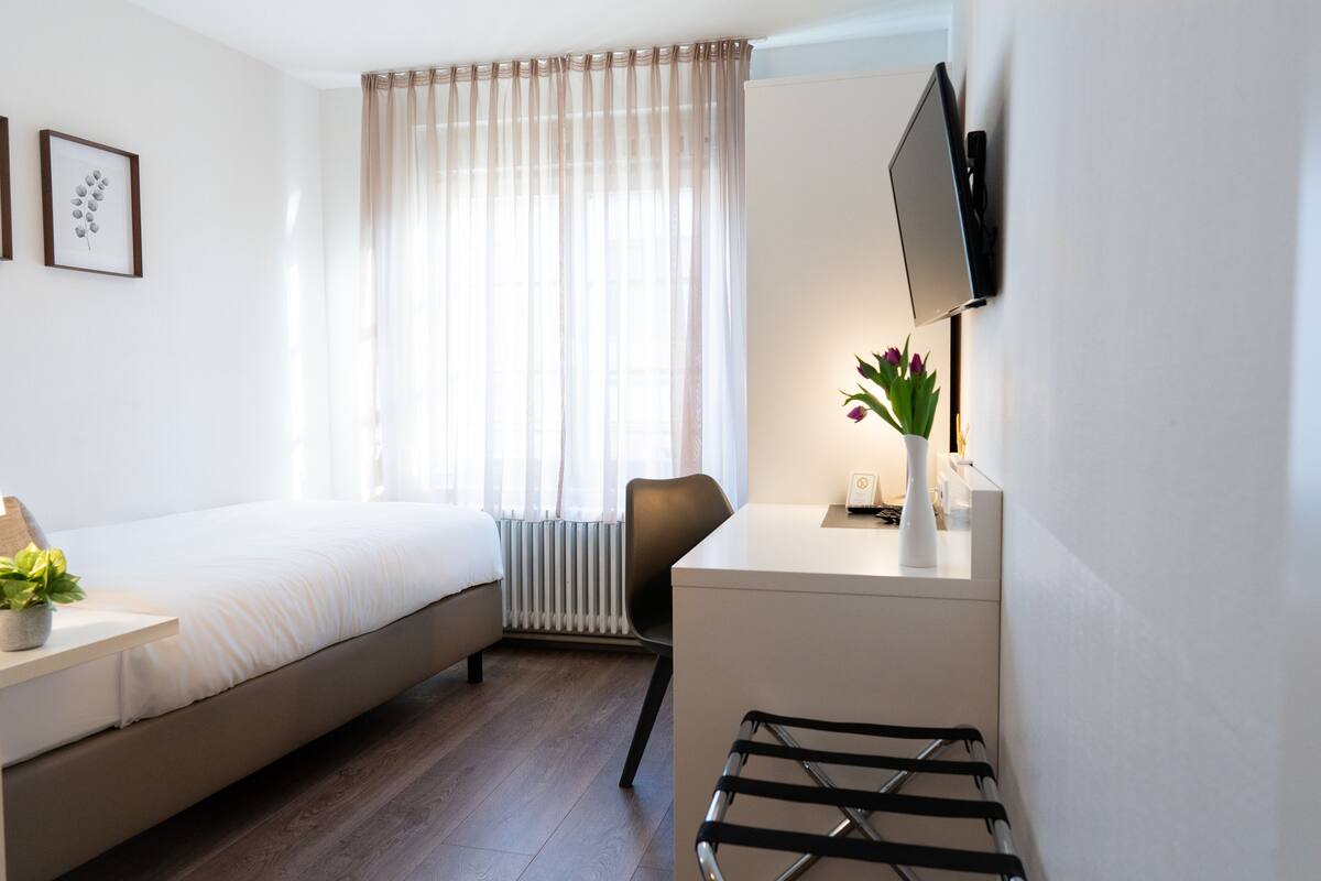 A hotel room with a bed, a desk, a chair, a TV, and a window with curtains.