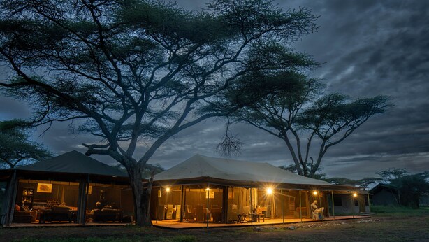 Een safarilodge met een ruime open eetruimte, een bar en een zithoek.