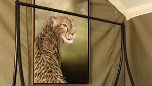 Een kamer met een hemelbed van metaal, een ingelijst schilderij van dieren in het wild en een groen gordijn.