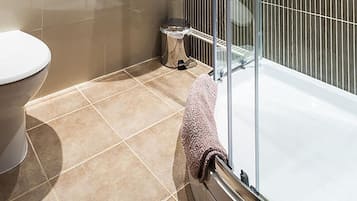 Combined shower/bathtub, free toiletries, hair dryer, towels