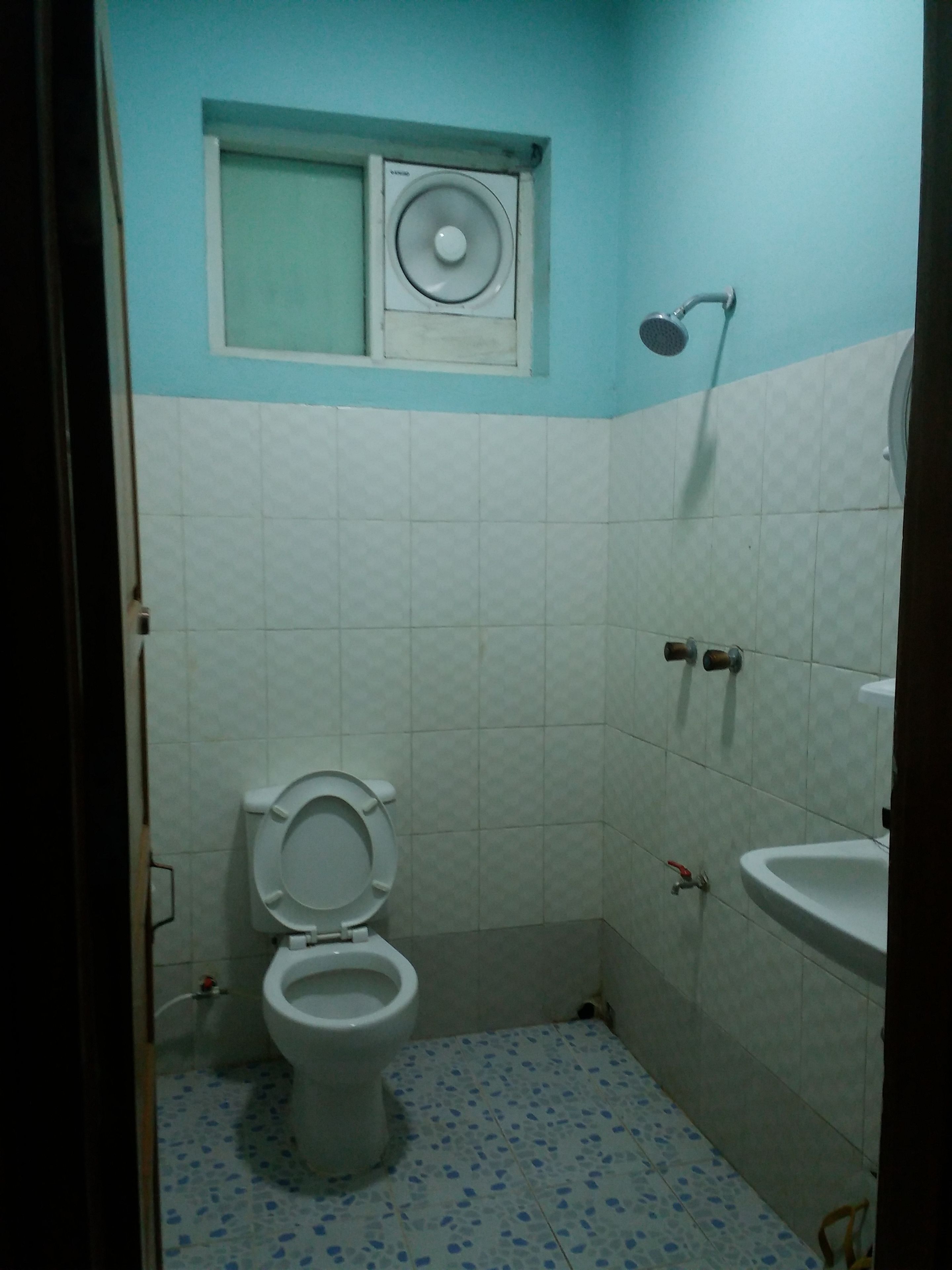 A small bathroom with a toilet, a sink, and a shower.