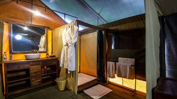 Shower, rainfall showerhead, slippers, towels