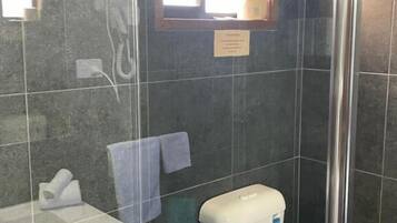 Un baño con ducha envuelta en vidrio, inodoro, lavamanos y ventana.