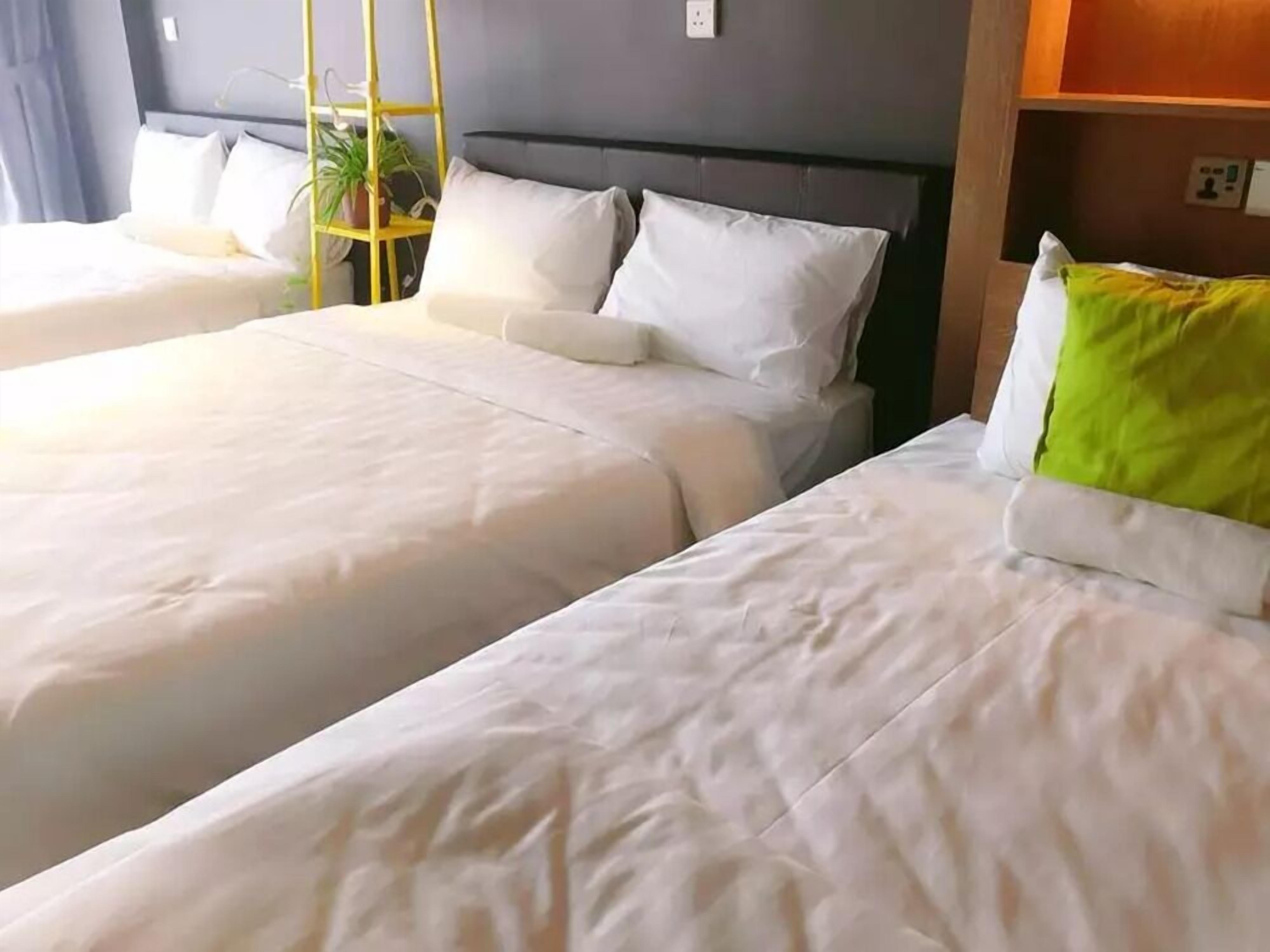 Habitación de hotel con dos camas individuales, un cabecero de madera, una pequeña planta y una estantería con un almohadón verde.