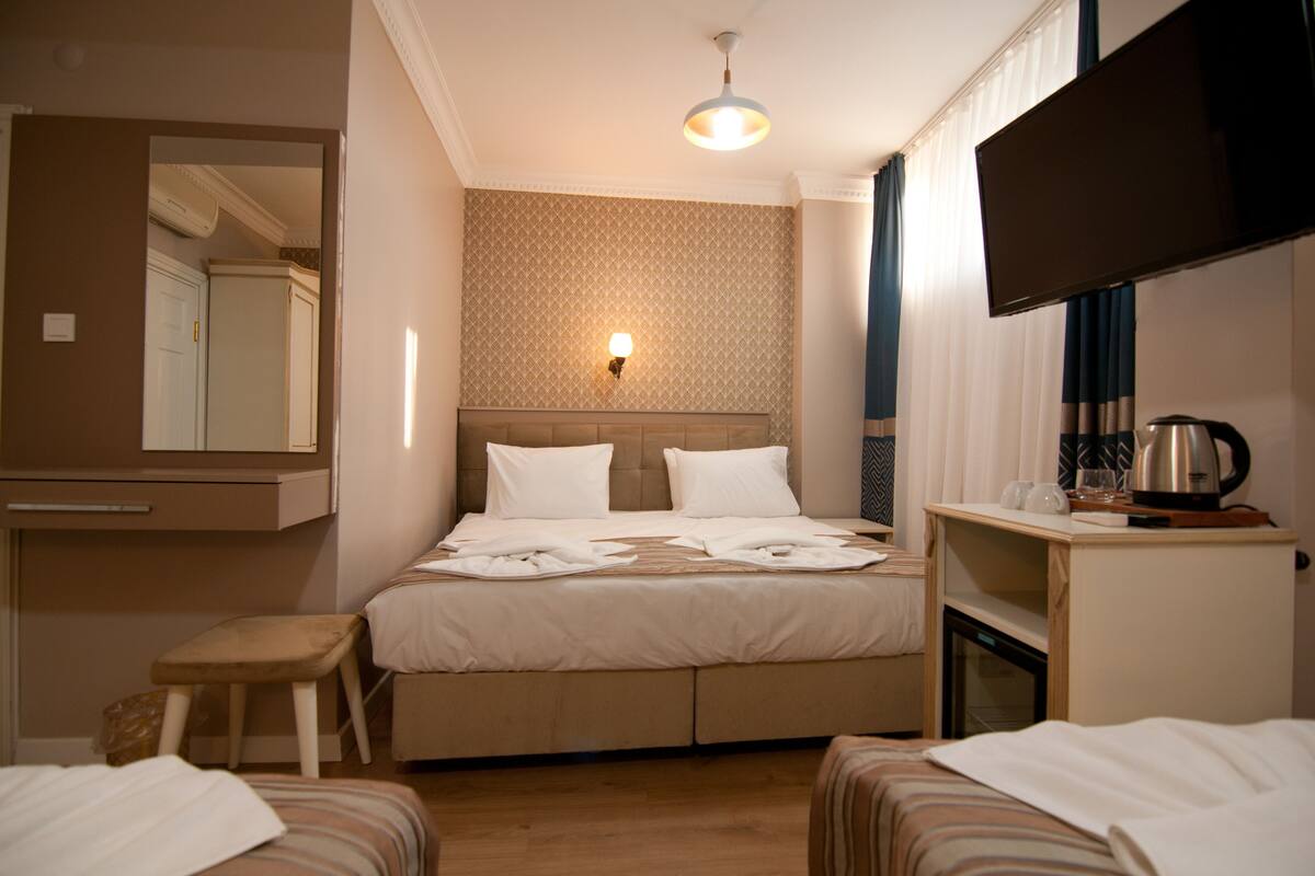 A hotel room with a bed, a desk, a chair, a television, and a mirror.