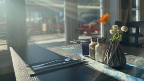 A table with a vase of flowers, salt and pepper shakers, and cutlery. A window reveals a view of a mountain and a red vehicle outside.
