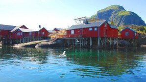 A row of red wooden houses on stilts over water, with a mountain in the background.