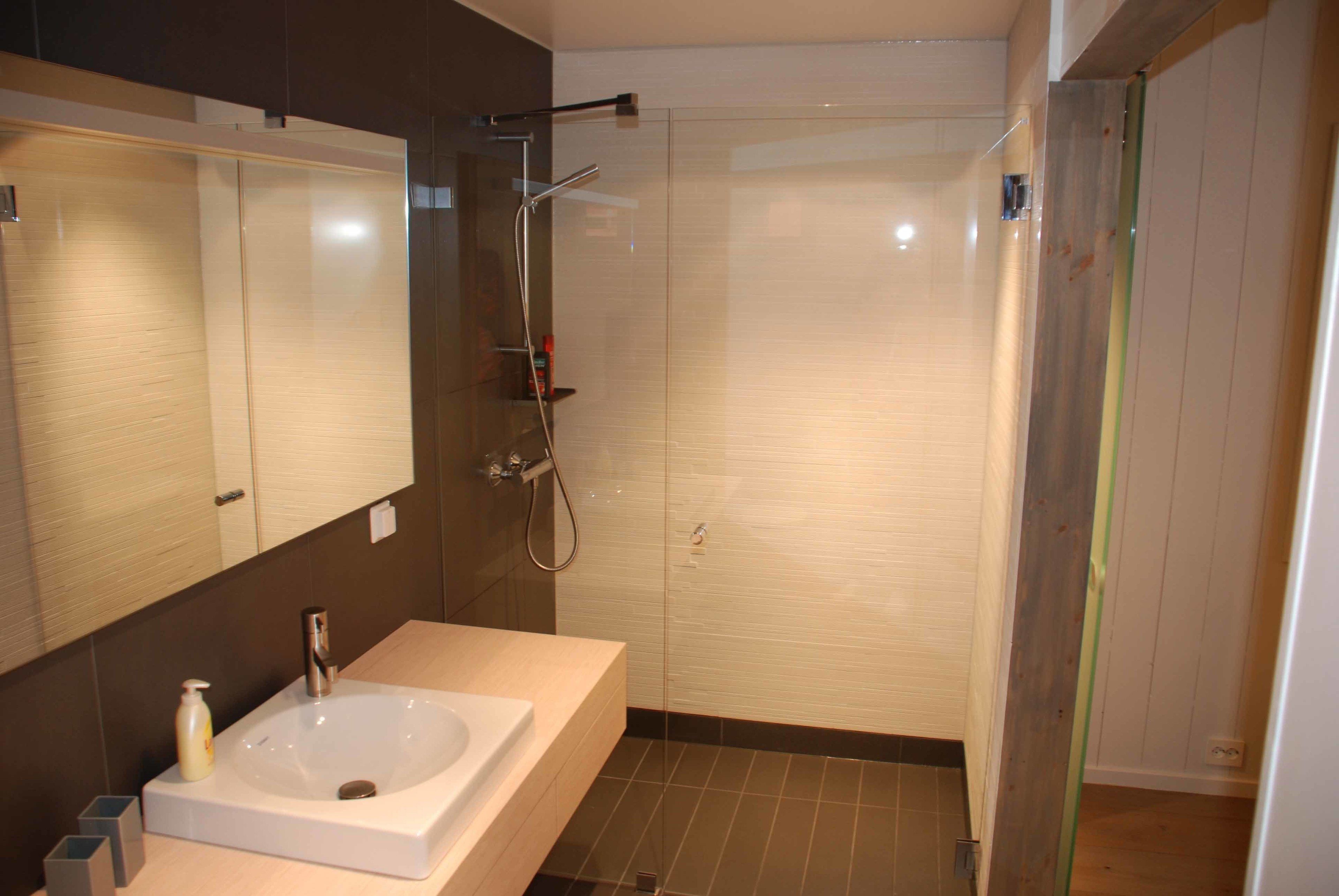 A modern bathroom with a large mirror, a sink, and a shower area.