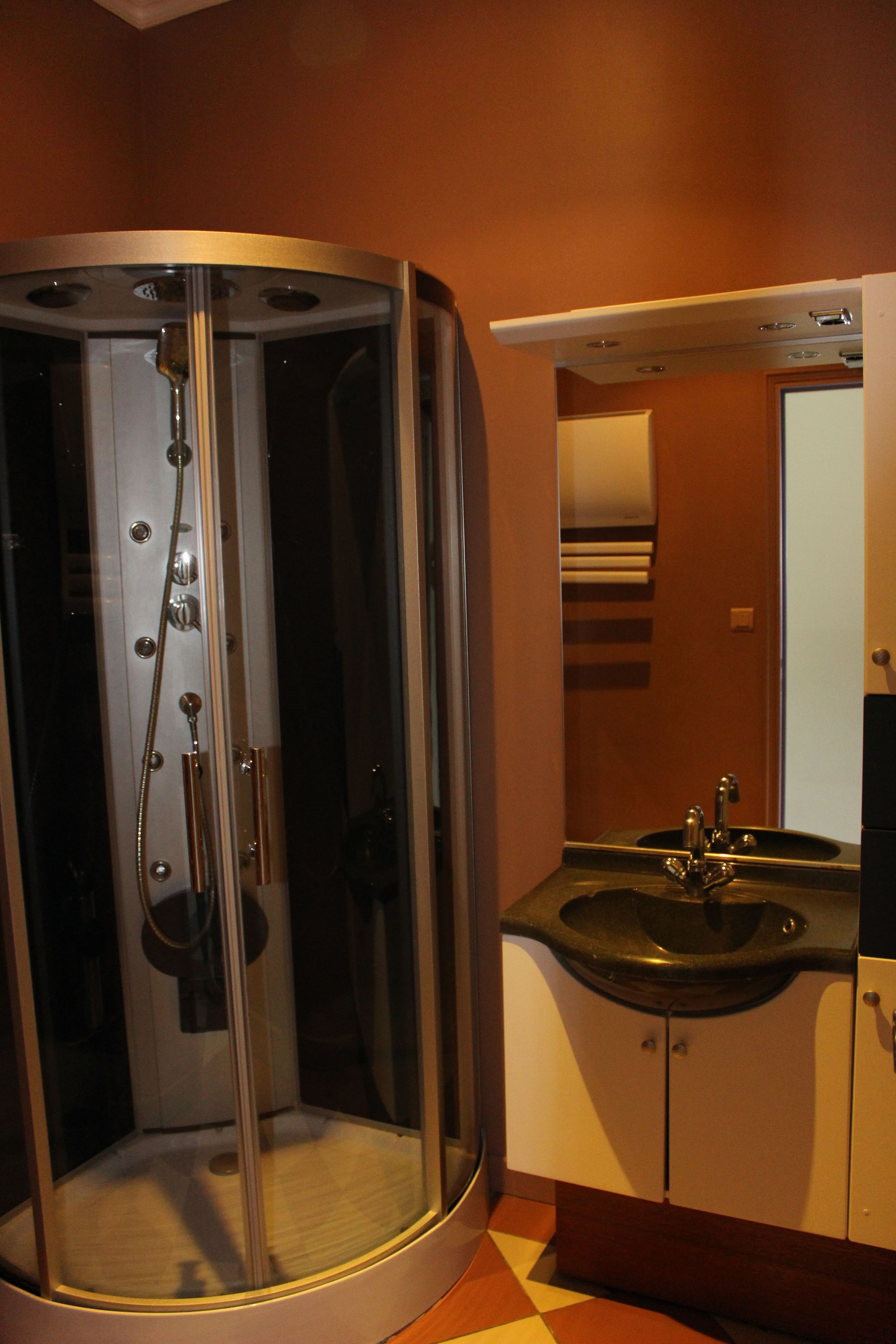 Une salle de bain avec une douche à parois de verre, un lavabo et un miroir.