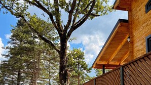 A wooden cabin with a balcony overlooking a forested area and a lake. - Cabanes et Lodges du Belvedere (Serrières-sur-Ain)