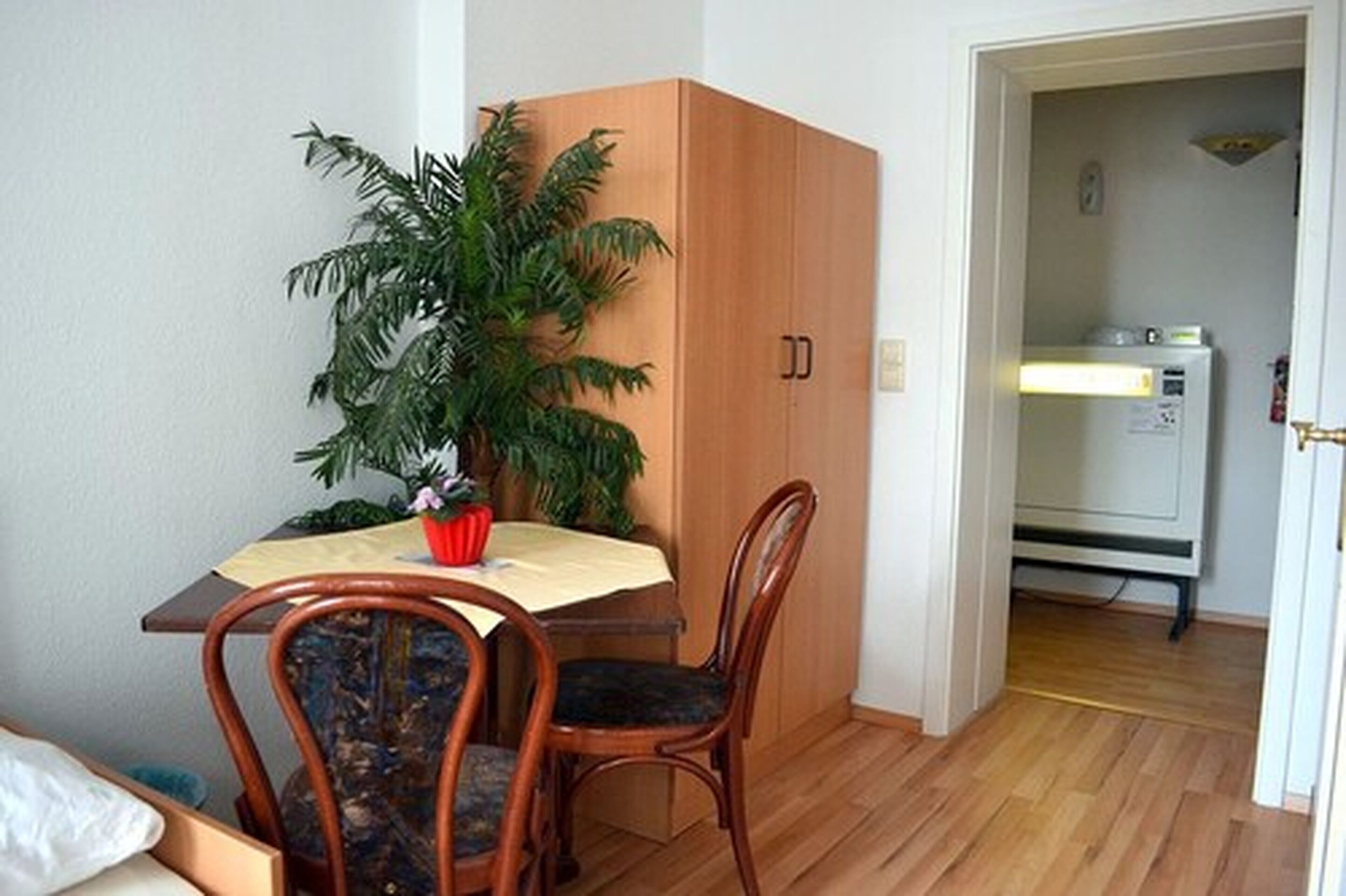 Un comedor pequeño con una mesa de madera, dos sillas, una planta en maceta y un armario blanco.