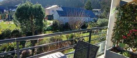 A balcony with a wooden table and chairs, overlooking a garden with various plants and a house in the background.