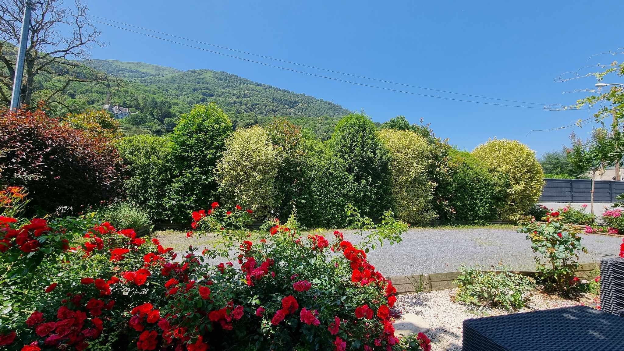 A landscaped garden with red flowers and neatly trimmed bushes, a paved area, and a view of a hilly landscape in the background.