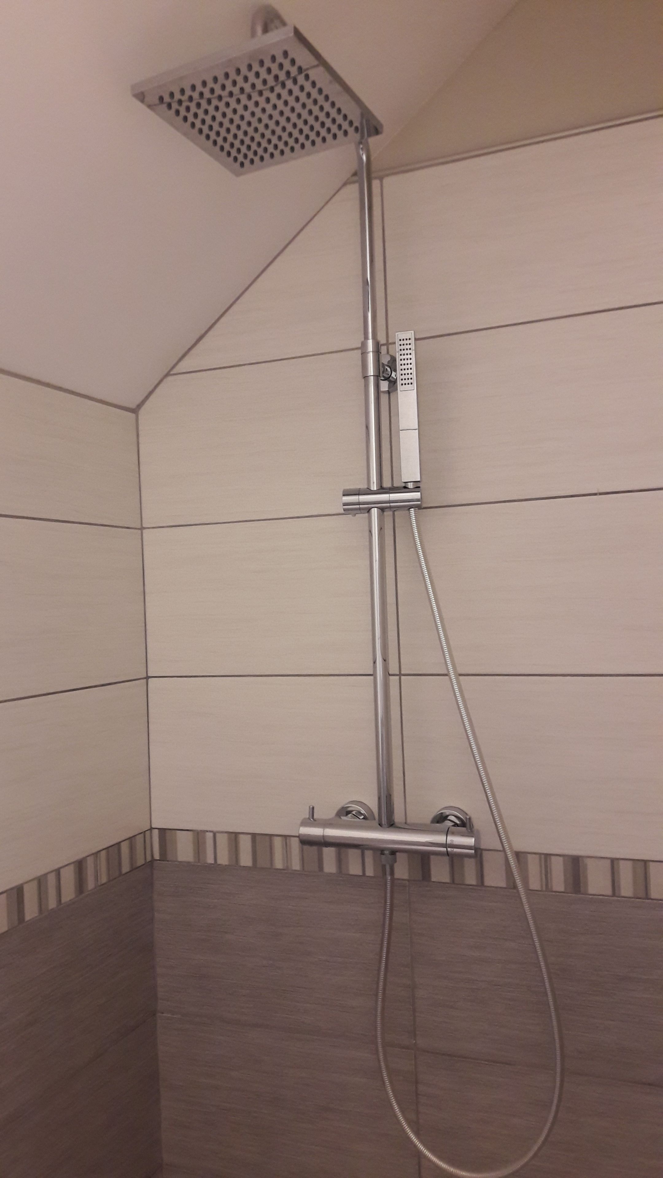 A shower with a handheld hose, a wall-mounted control panel, and a ceiling-mounted showerhead.