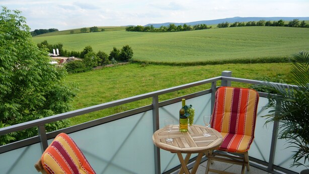A balcony with two striped chairs and a small table, overlooking a green field.
