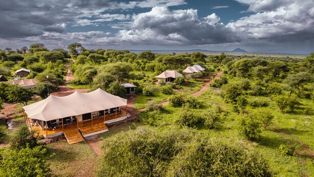 Ein Safari-Lodge mit mehreren Zelten, umgeben von üppiger Vegetation und einem klaren Himmel.