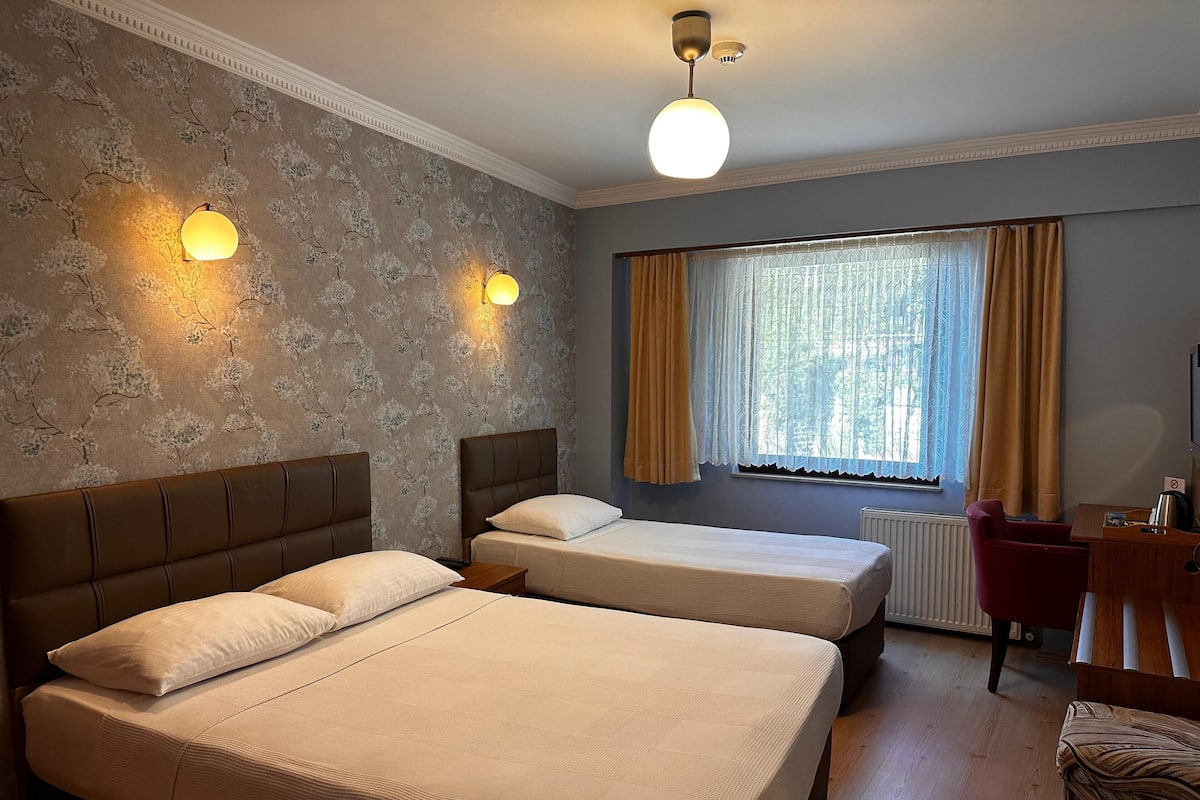 A hotel room with two beds, a desk, a chair, a radiator, and a window with curtains.