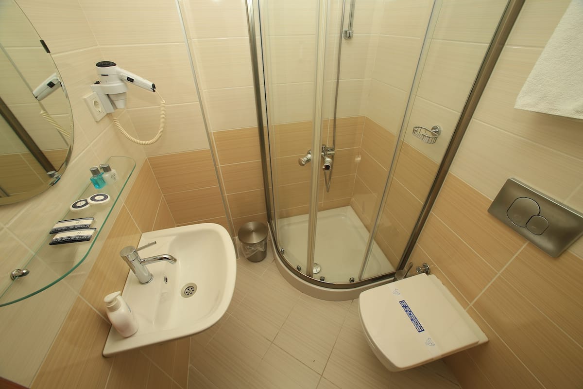 A bathroom with a glass-enclosed shower, a sink, and a mirror.