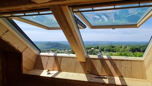 Un dormitorio de madera en el ático con tragaluces, techo inclinado y vistas a un paisaje verde.