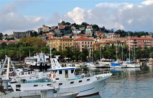 Un puerto deportivo con barcos amarrados, un barco blanco grande en primer plano y una colina con edificios de colores en el fondo.