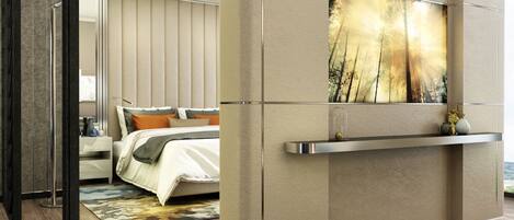 A modern bedroom with a large bed, a bedside table, and a wall-mounted shelf with decorative items.