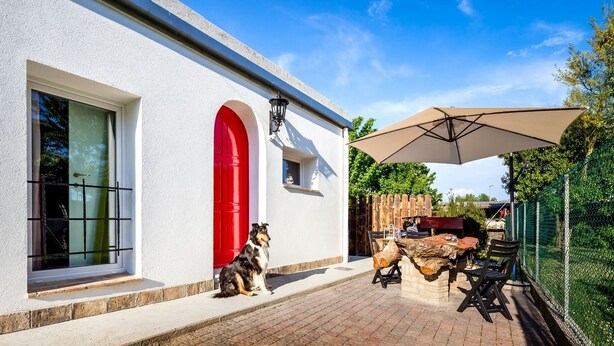 A white building with a red door, a dog sitting on the steps, and a patio area with a table and chairs. - B&B la di Cesar (Aiello del Friuli)